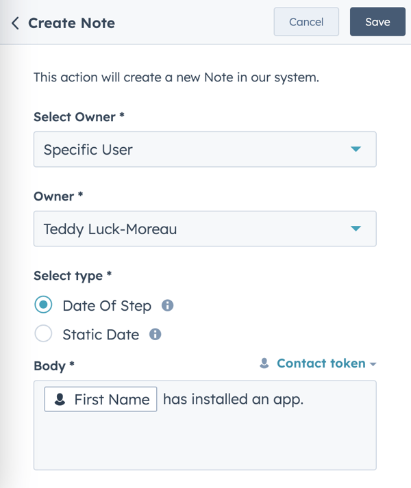 How do I create automatic notes in a HubSpot workflow?