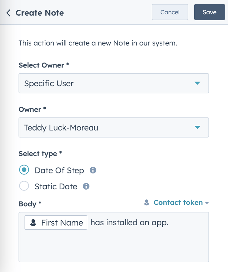 How do I create automatic notes in a HubSpot workflow?