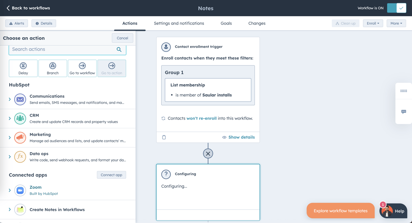 How do I create automatic notes in a HubSpot workflow?