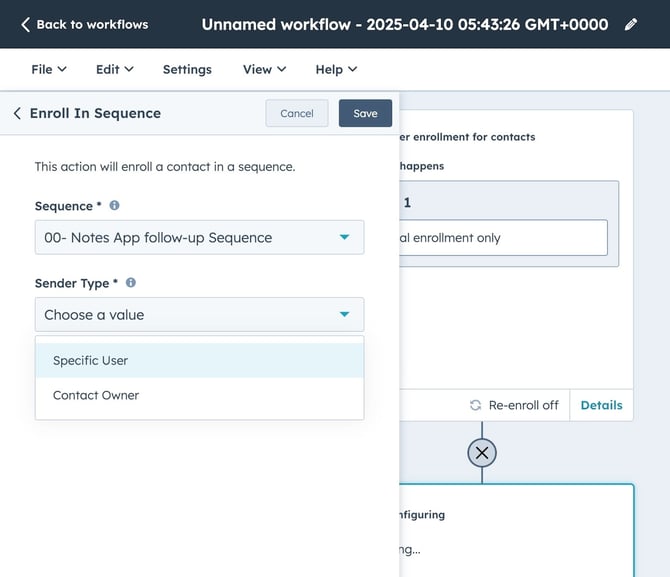 Select the sender of the sequence, either Specific User or Contact Owner-1