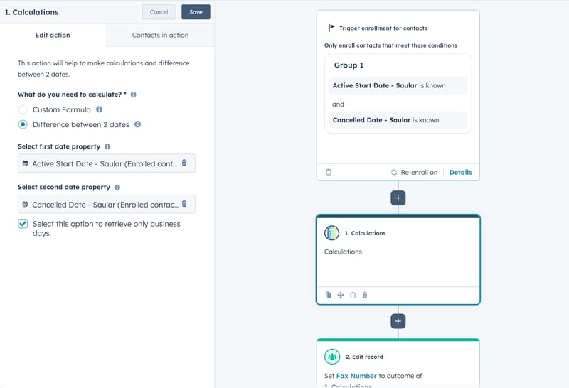 Image depicting how to add a calculation to a workflow in HubSpot.